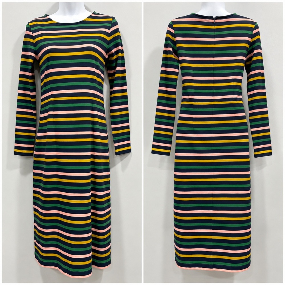 J.Crew Striped Stretch Midi Dress Sz 0 Long Sleeve Sheath Preppy Nautical Office